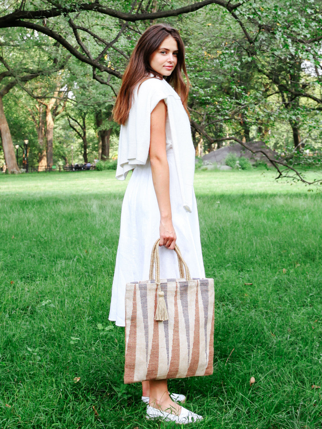 Hand-loomed jute carry tote with rust and navy stripes, Fair Trade made