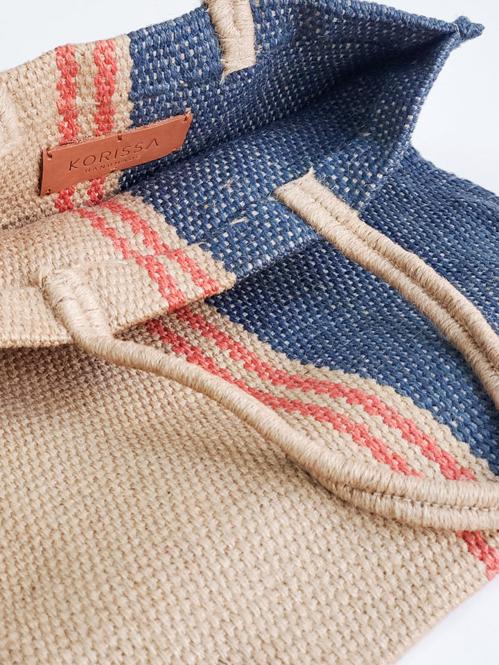 Handwoven jute carry tote in navy color-block with red stripes, Fair Trade made