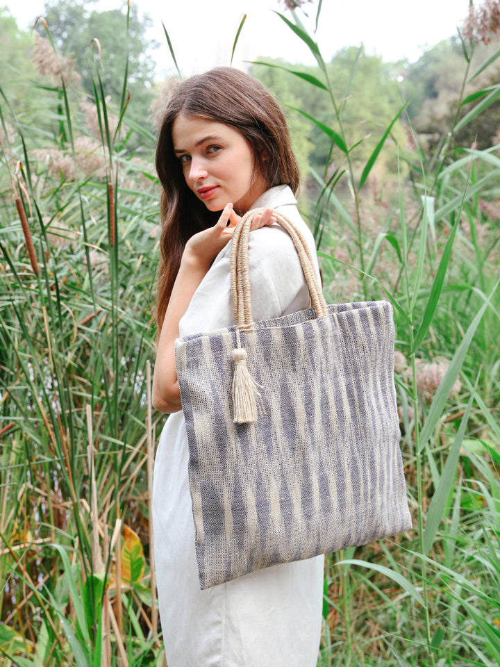 Watercolor-style blue striped jute tote, Fair Trade made by artisans in Bangladesh