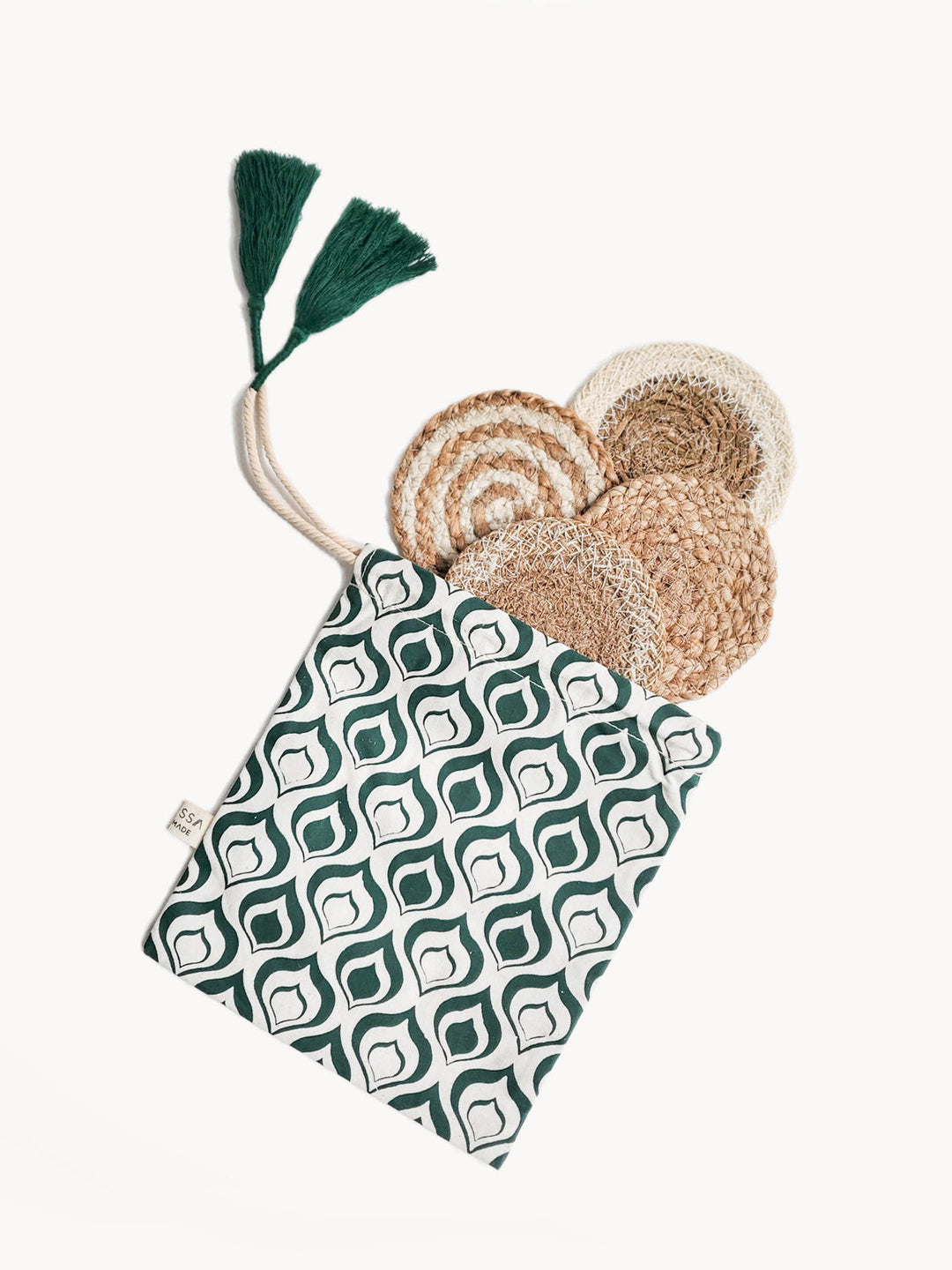 Handwoven natural fiber coasters with hand-printed green drawstring pouch, set of 4
