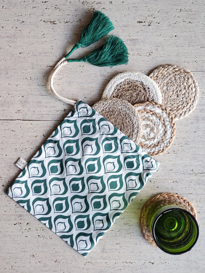 Coaster gift set with green drawstring pouch, eco-friendly home gift