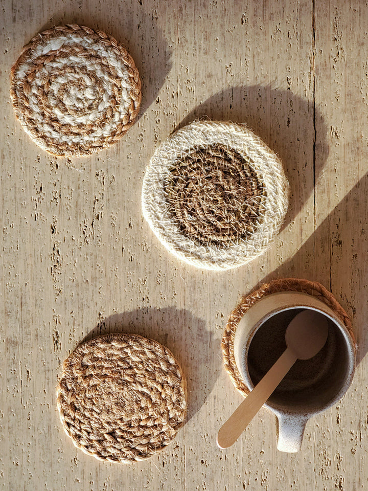 Jute and seagrass coaster gift set with green pouch, sustainable Fair Trade