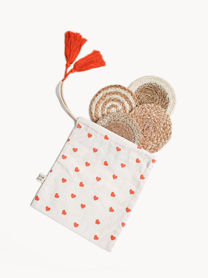 Jute and seagrass coaster gift set with heart drawstring pouch, set of 4