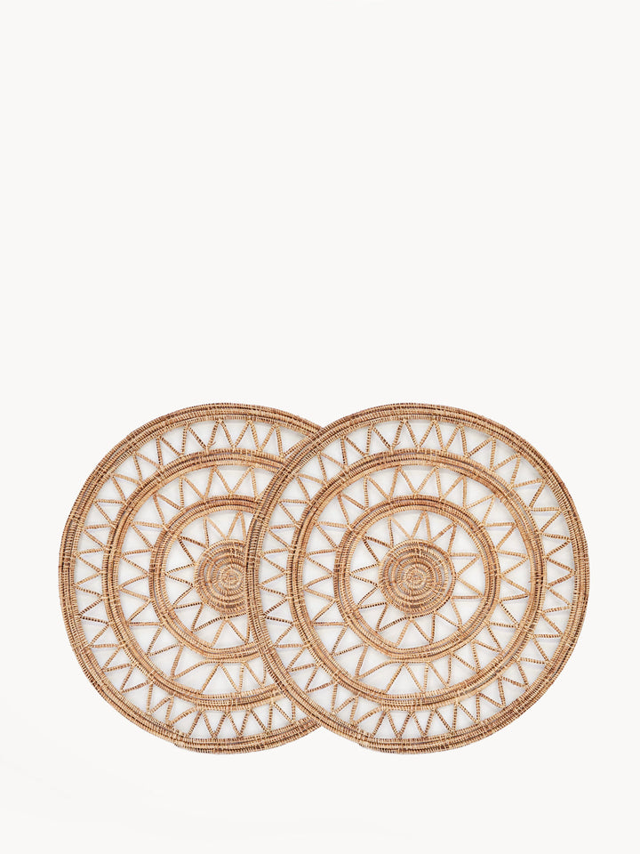 Natural palm fiber placemats with open sunburst weave pattern, set of 2