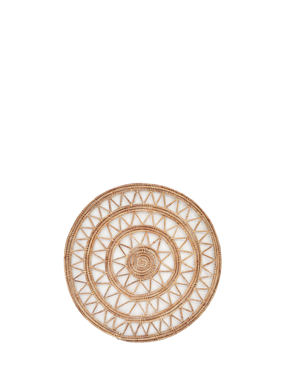 Sunburst-weave palm fiber placemats with triangular rays radiating from spiral center, set of 2