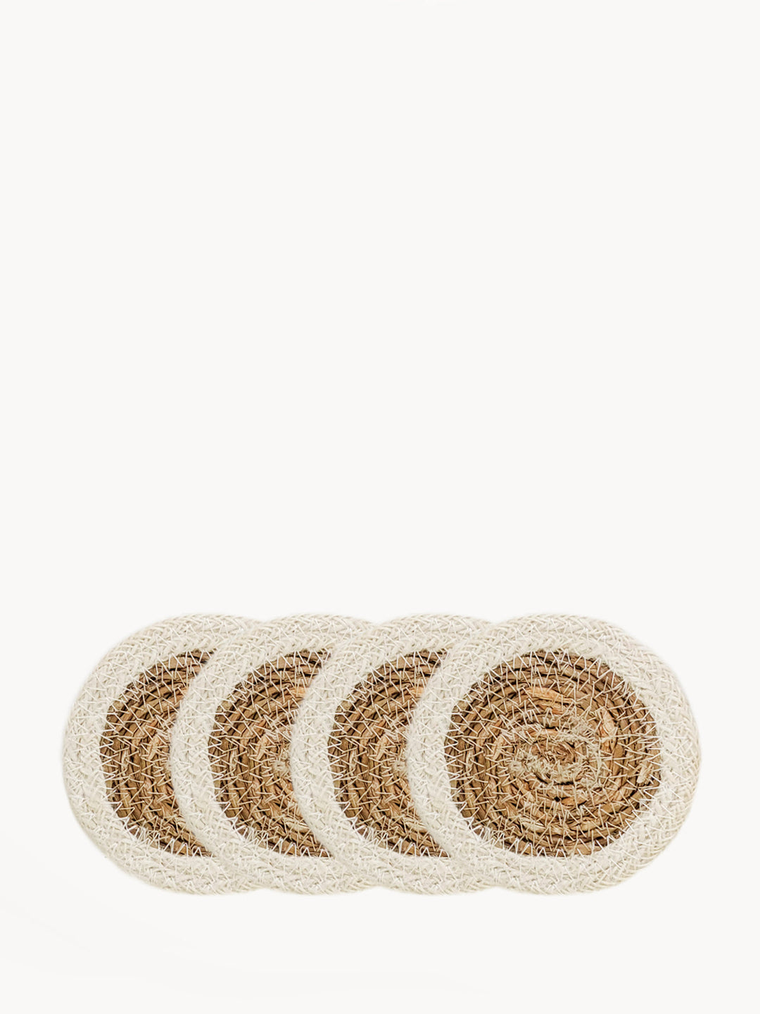 Set of 4 seagrass drink coasters with finely woven center and cream braided rim