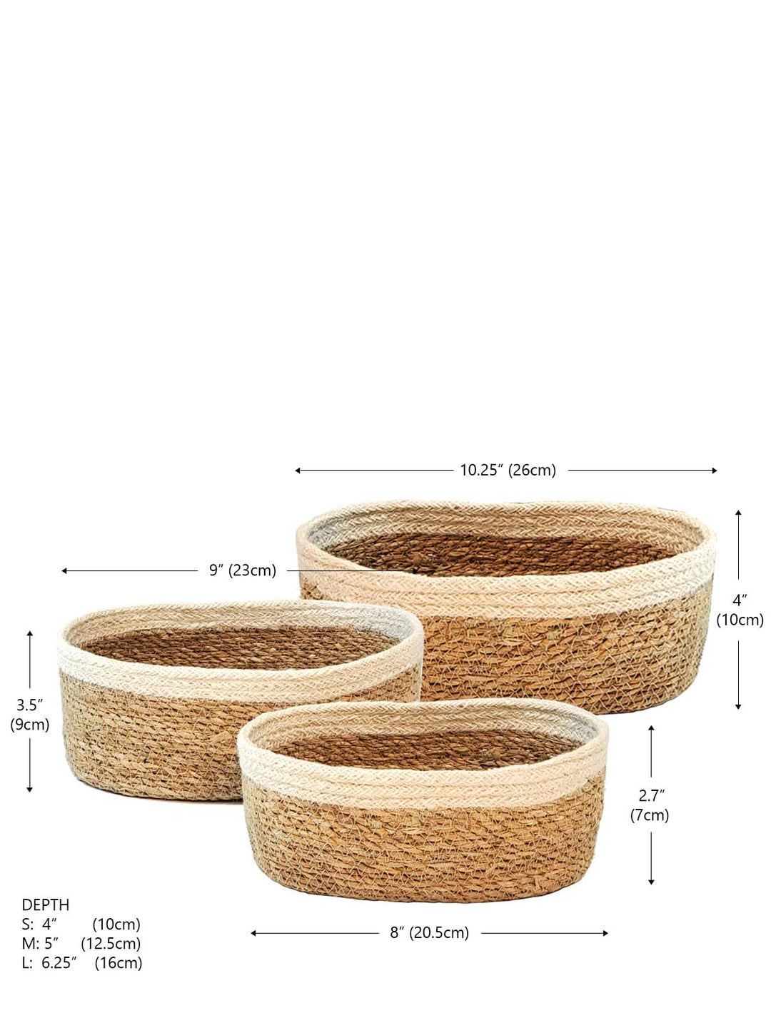 Set of three oval seagrass storage baskets by DC-KORISSA, natural woven baskets for organizing and decor.