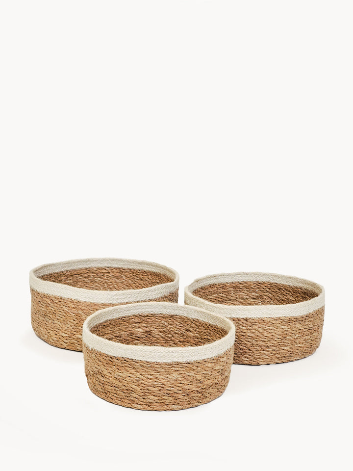 Set of three seagrass nesting storage bowls, handwoven for fruit and kitchen