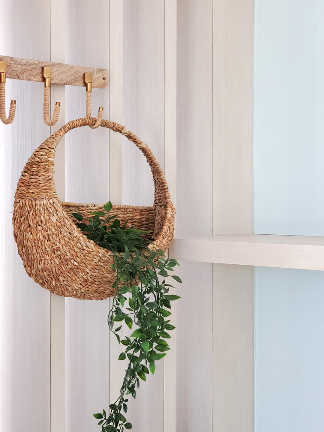 Round woven seagrass wall basket, rustic natural wall decor that doubles as a wall planter