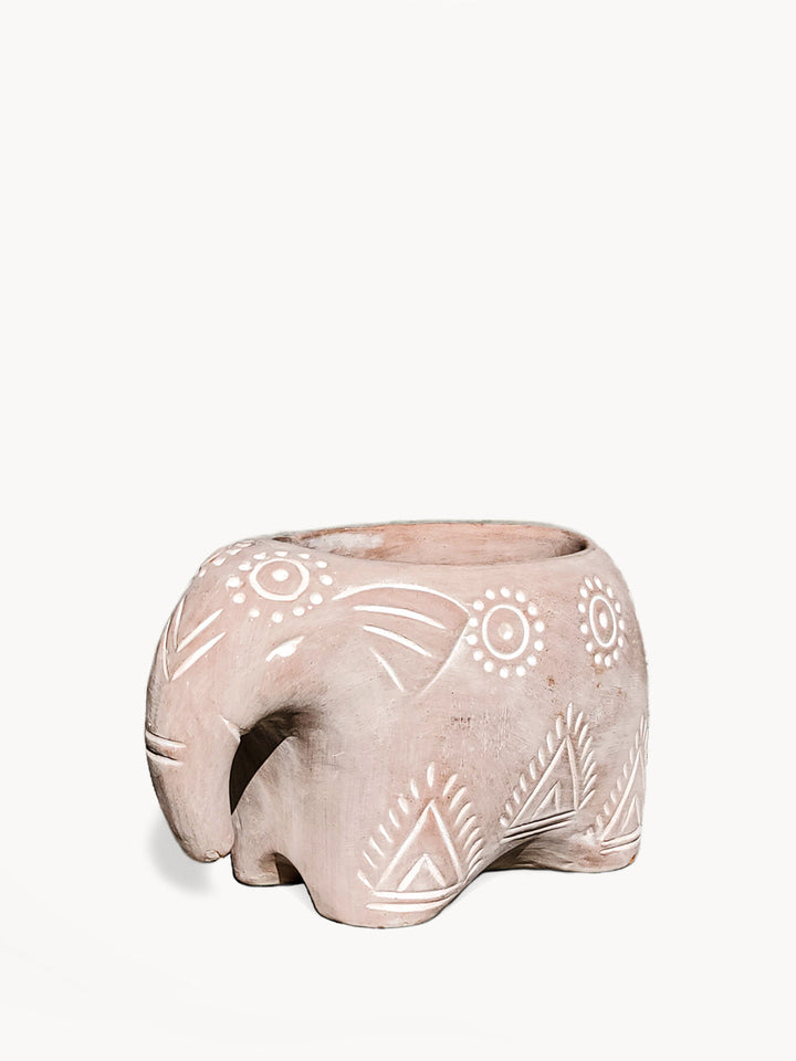 Handcrafted terracotta elephant planter with a folk-art design