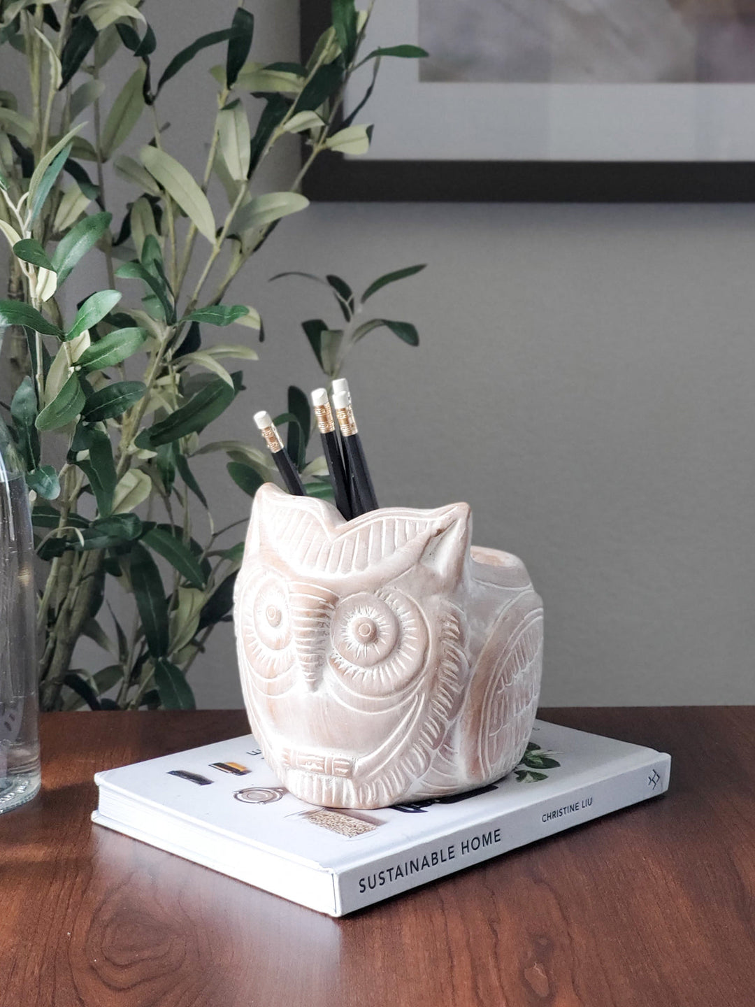 Detailed horned owl terracotta planter for flowers or greenery
