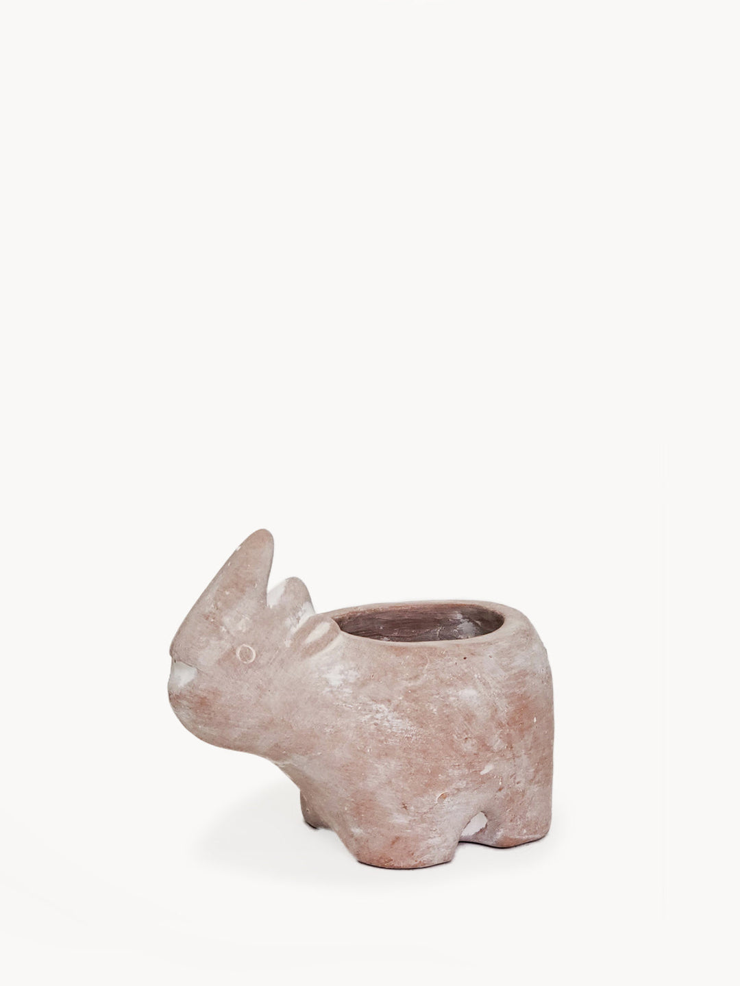 Handmade rhino-shaped terracotta planter with drainage hole for succulents