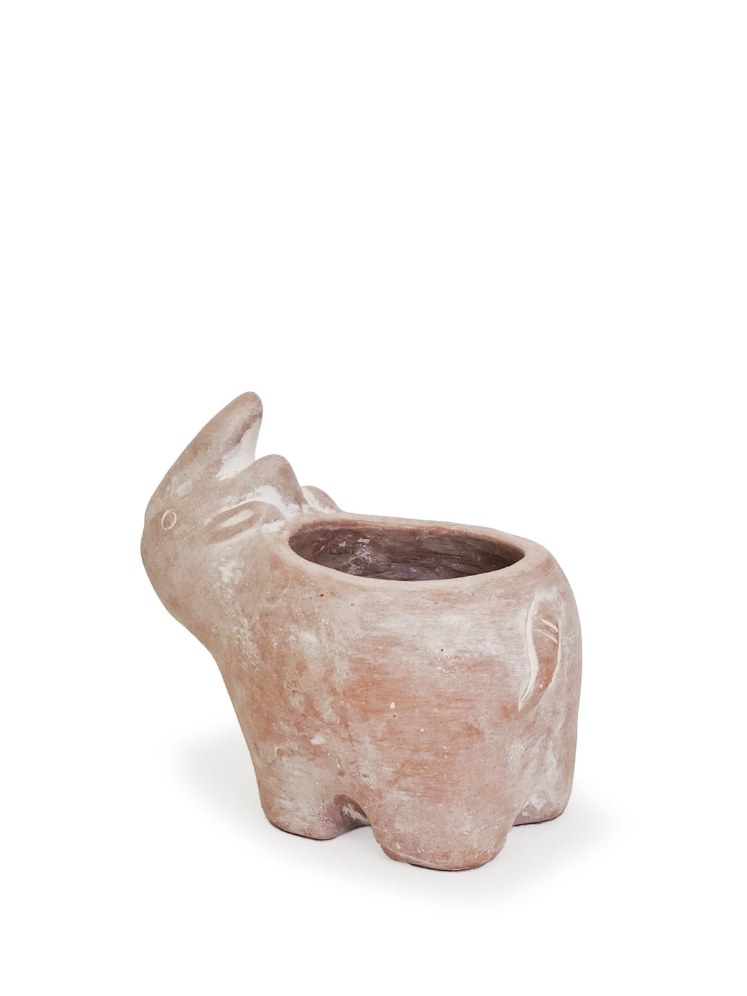 Handmade terracotta planter featuring a detailed rhino design by DC-KORISSA, perfect for indoor or outdoor plant display