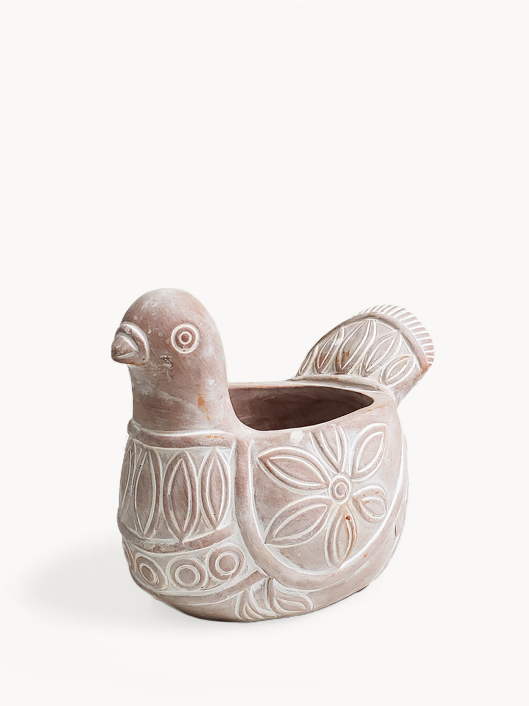 Spotted dove terracotta planter with a decorative dove pattern