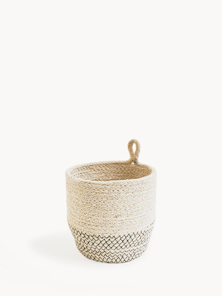 Off-white jute loop bin with black stitching for small-item storage