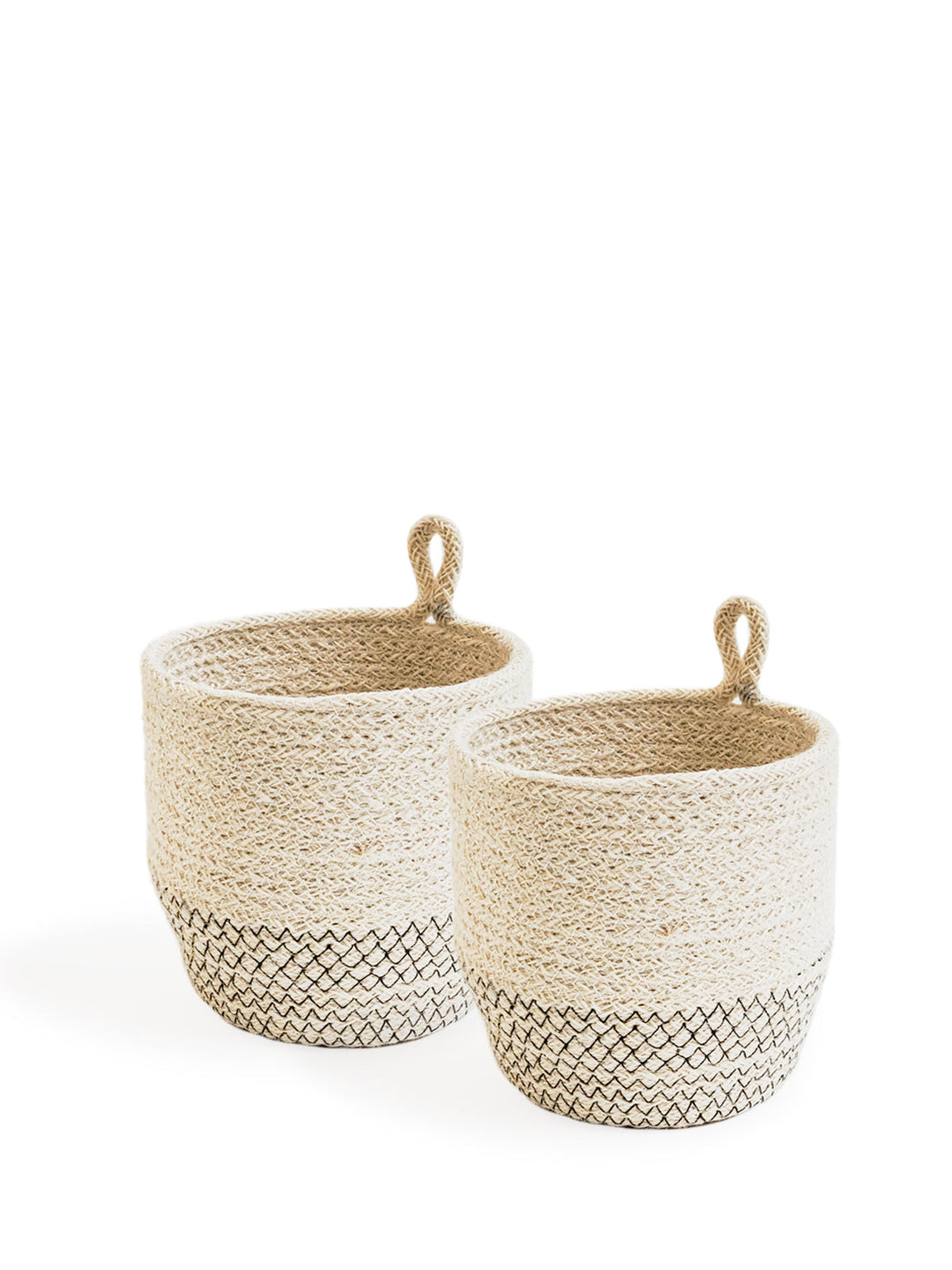 Loop jute storage bin in off-white, styled on a shelf