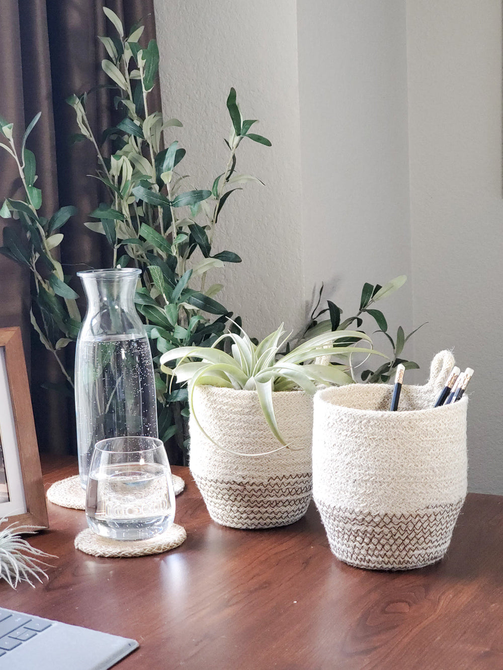 Jute loop bin in off-white with black stitch, a modern catchall organizer