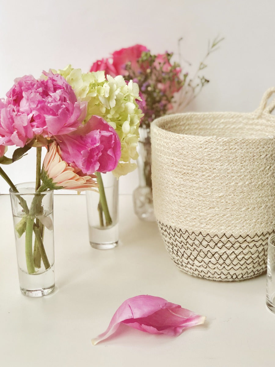 Loop jute bin in off-white with black accents for desk or shelf storage