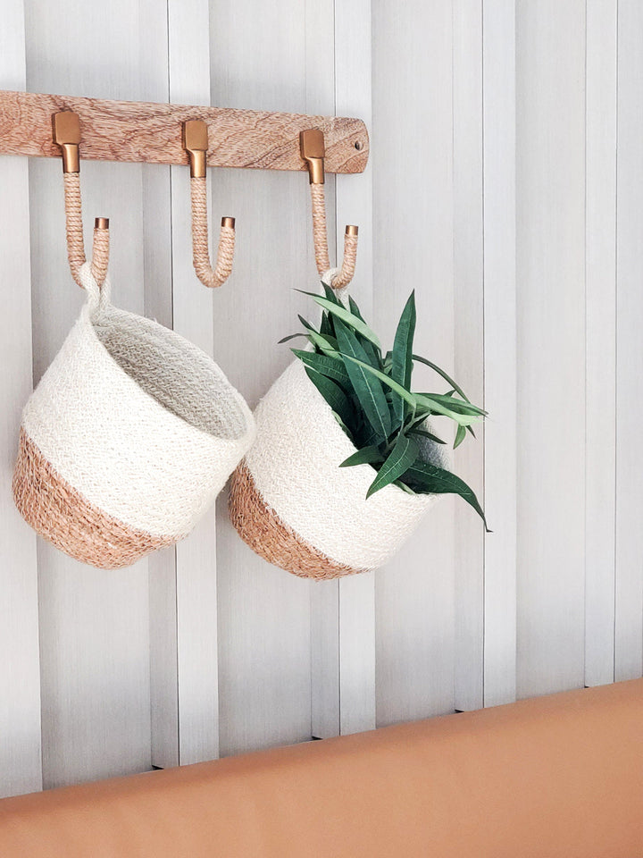 Natural loop storage bin in beige with woven handles