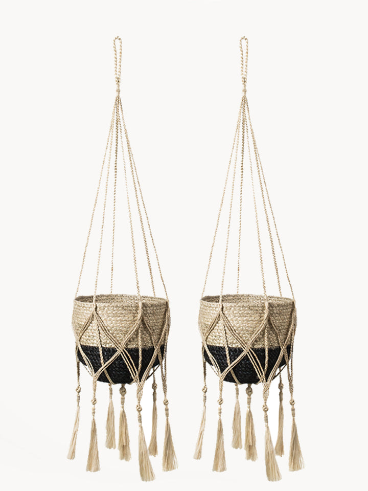 Natural jute plant hanger with macrame knotwork and long tassels