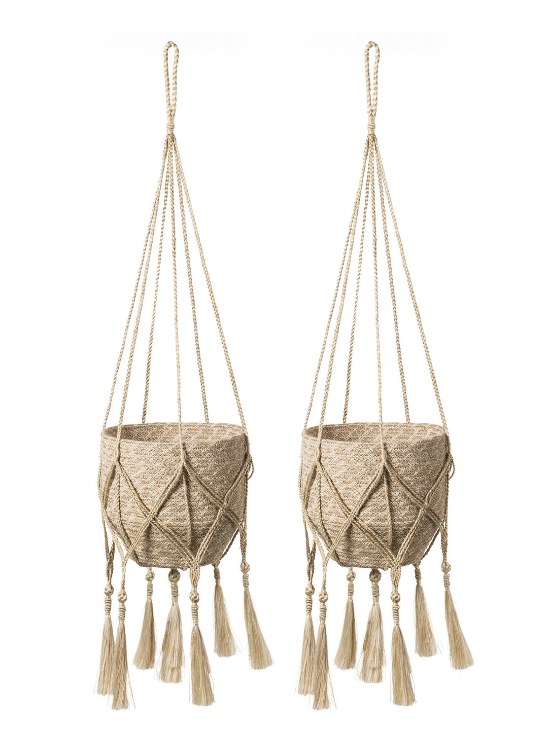 Tasseled jute macrame plant hanger in a natural finish