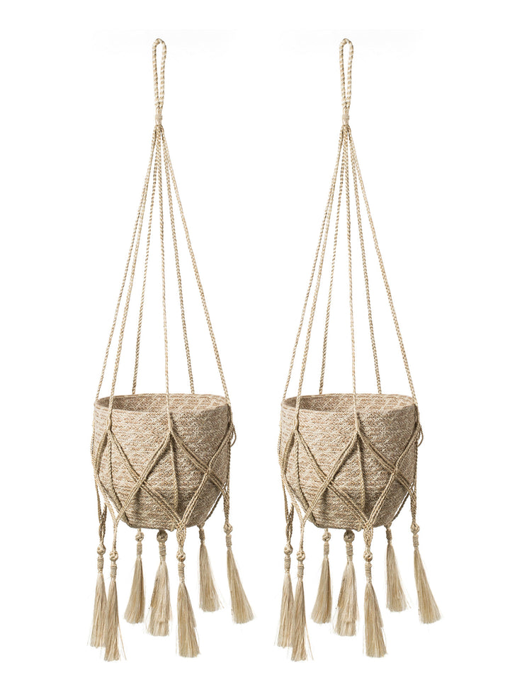 Tasseled jute macrame plant hanger in a natural finish