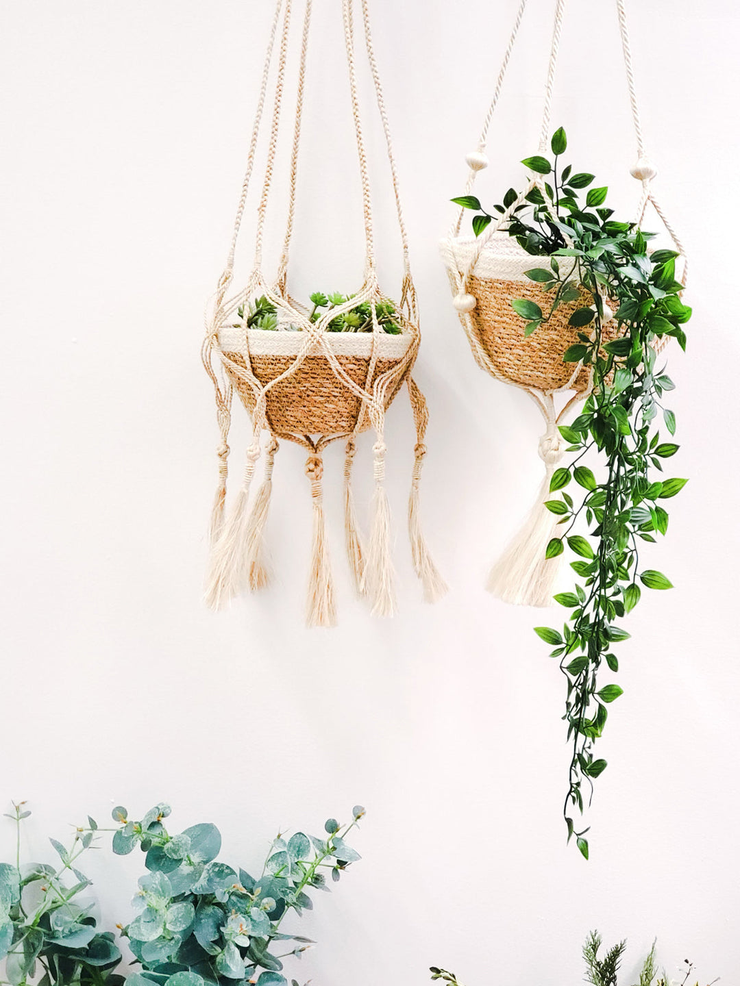 Handcrafted macrame plant hanger with natural jute cords and tassels