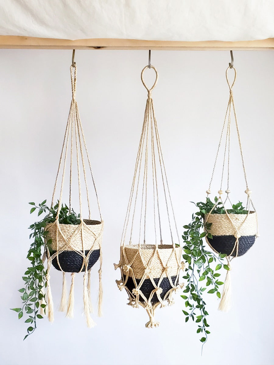Boho jute plant hanger with criss-cross macrame and tassel fringe