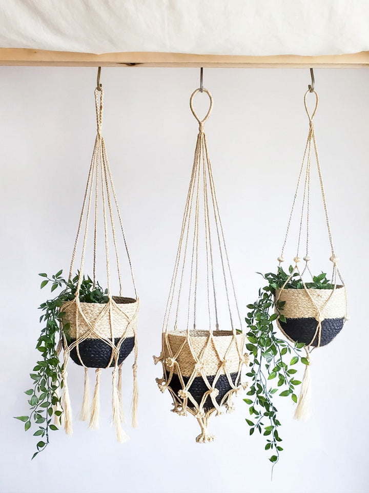 Boho jute plant hanger with criss-cross macrame and tassel fringe