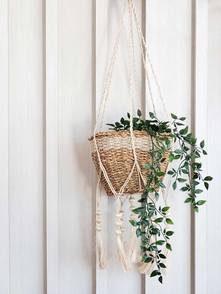 Natural jute macrame plant hanger with intricate knot design