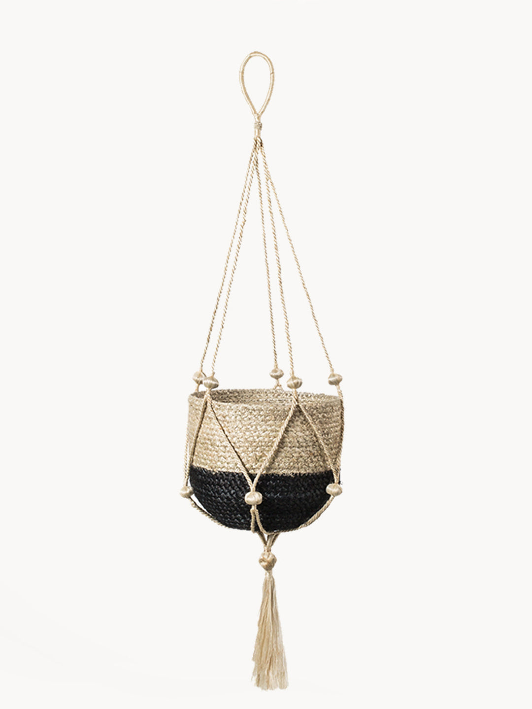 Beaded jute plant hanger with small beads and a center tassel