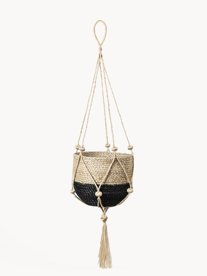 Beaded jute plant hanger with small beads and a center tassel
