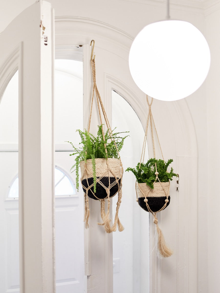 Minimal jute plant hanger with beaded cords and a single tassel
