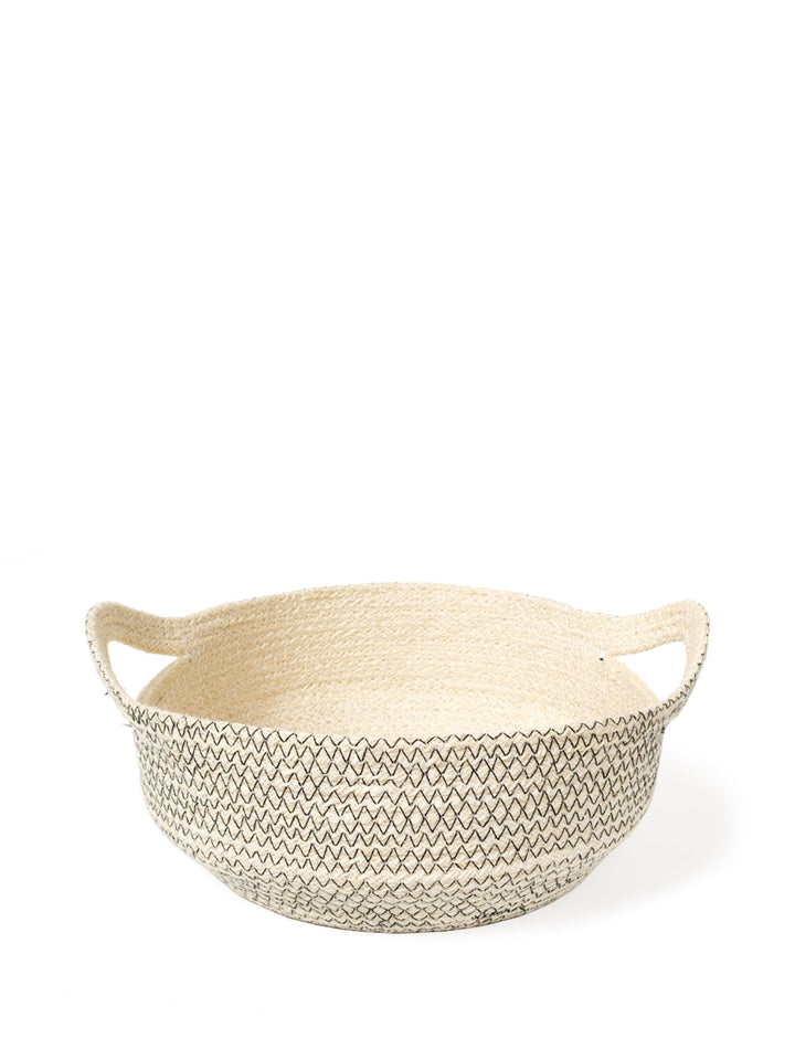 Handwoven jute fruit bowl in off-white with black stitch detail