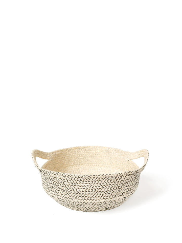 Small jute bowl with black stitching, ideal for fruit or keys