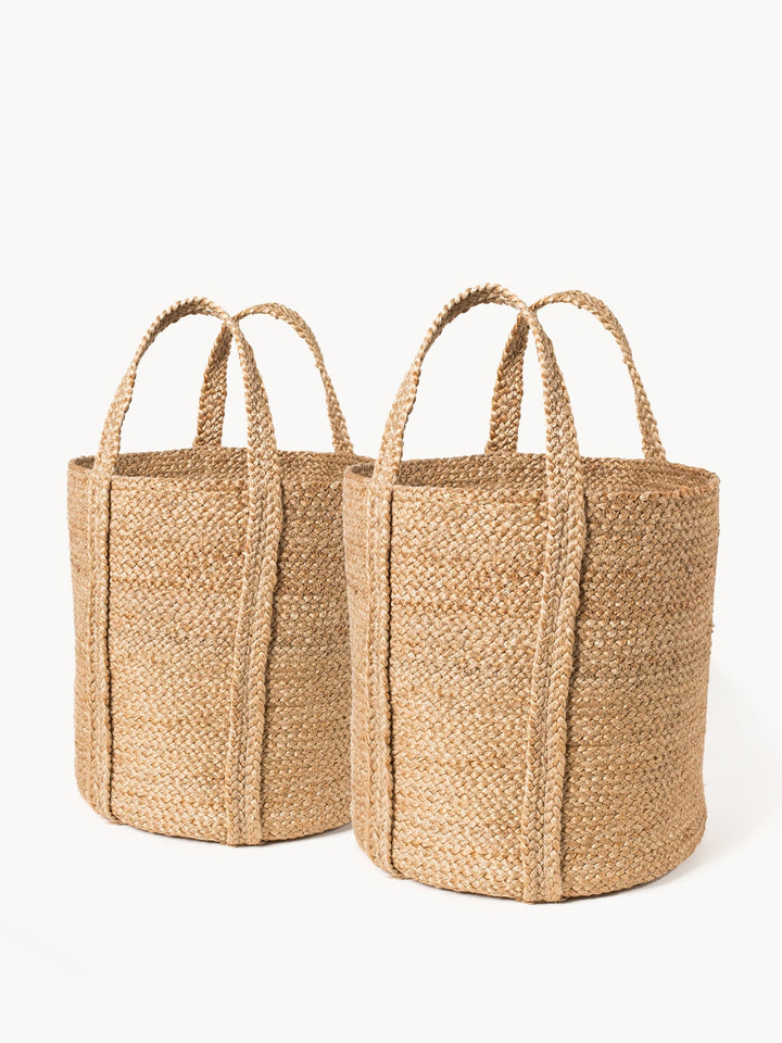 Handwoven jute carry basket with sturdy handles, ideal for living room storage