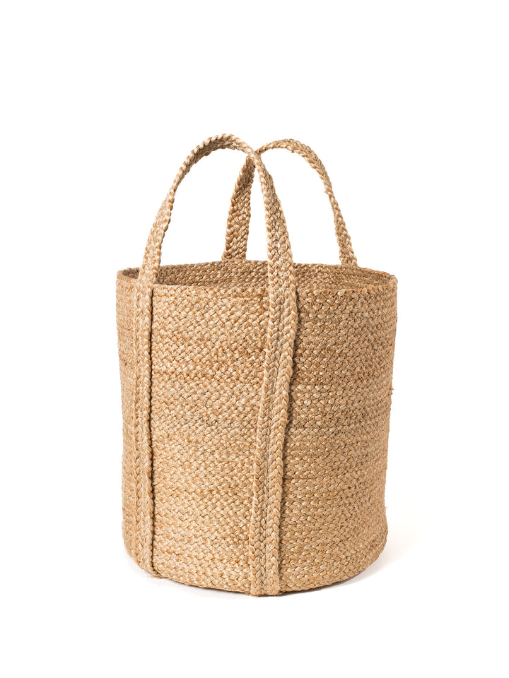 Small jute basket with braided handles, handwoven for laundry or blankets