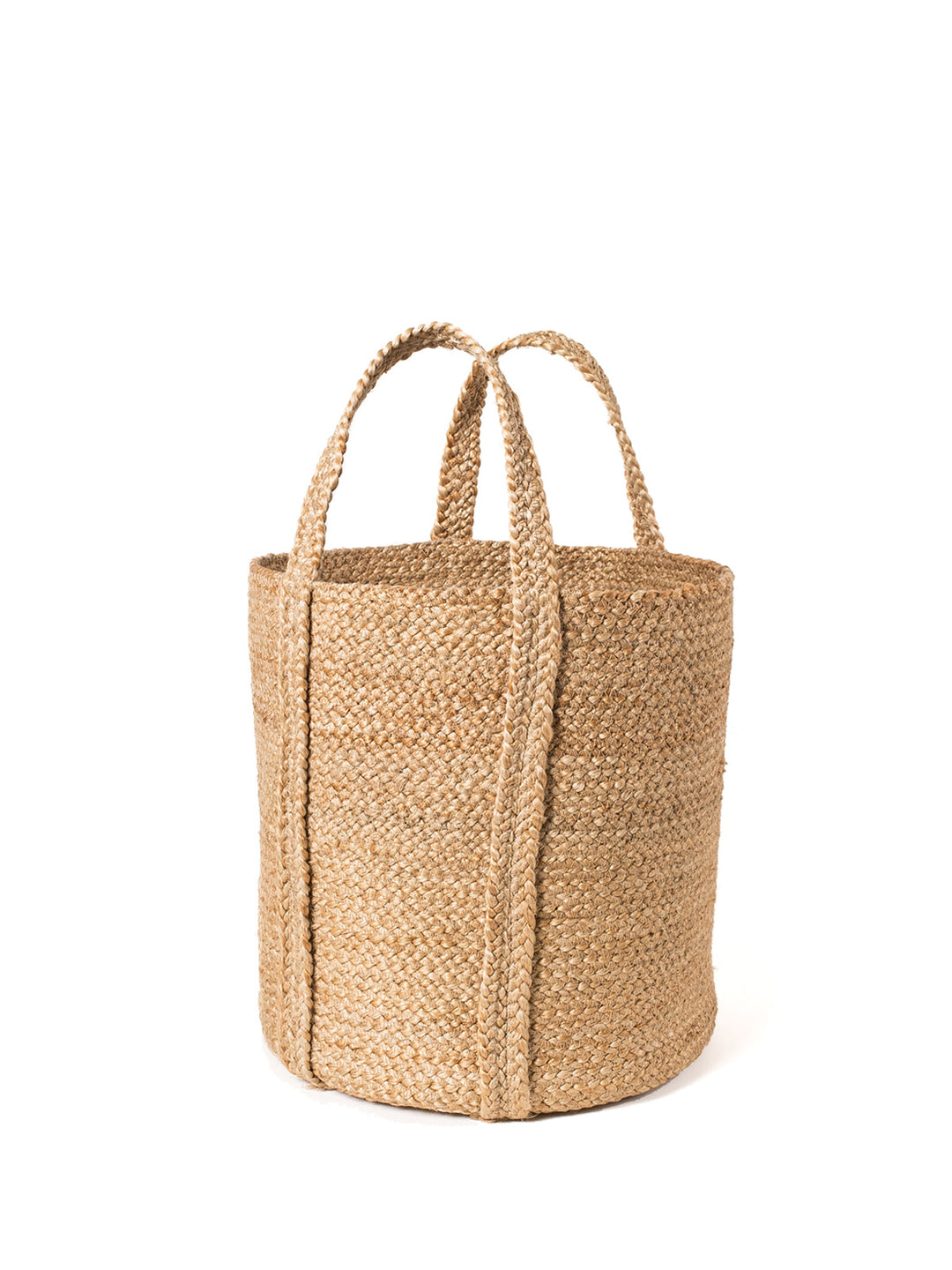 Natural jute basket with woven carry handles, handwoven storage tote