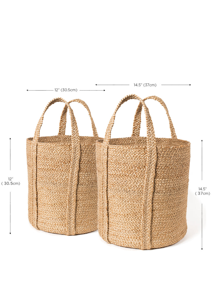 Natural braided jute basket with wicker-style handles, multi-use storage