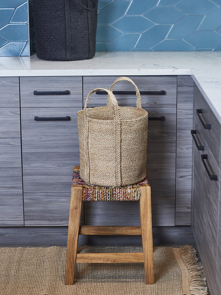 Natural jute storage basket with woven handles, lightweight and versatile