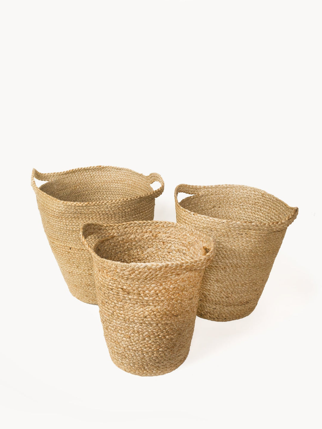 Modern jute storage basket with streamlined slit handles, multiple sizes