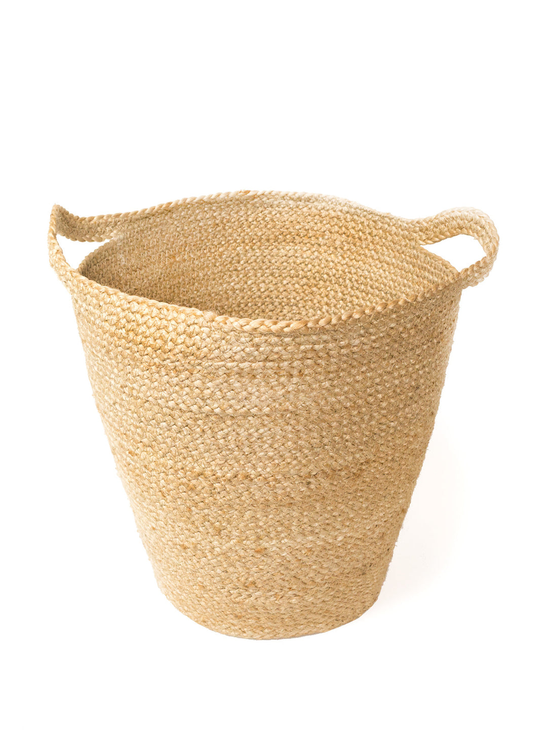 Natural jute basket with cut-in slit handles for throws, books, or plants