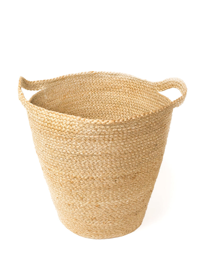 Natural jute basket with cut-in slit handles for throws, books, or plants