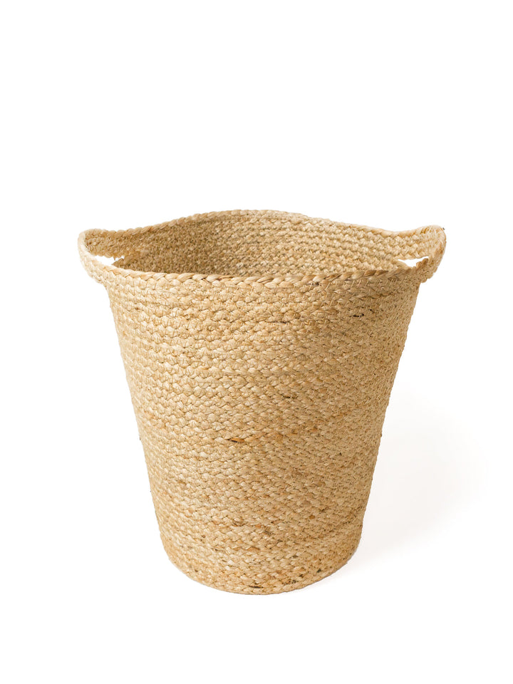 Hand-braided jute basket with slit handle design for tidy open-shelf storage
