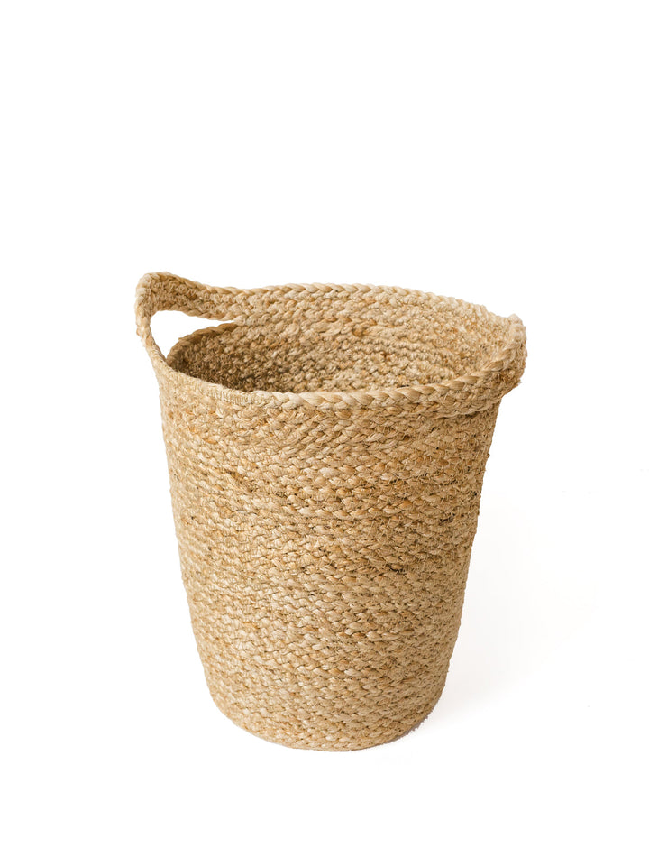Natural jute storage basket with slit handles, handwoven for throws and books