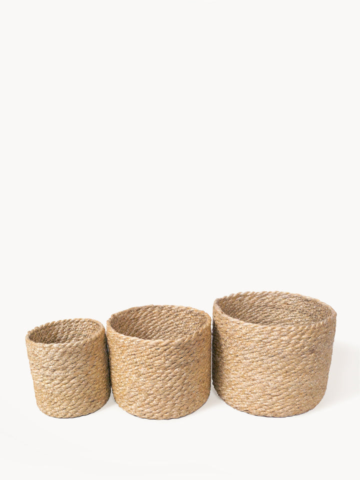 Natural jute round storage bin, handwoven with textured finish