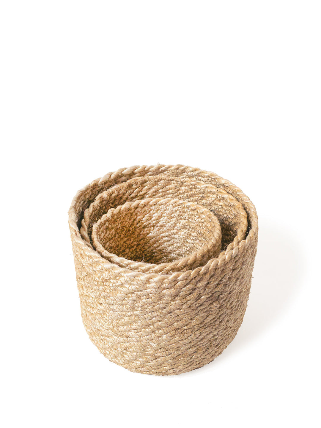 Round jute storage basket with woven sides, hand-braided organizer