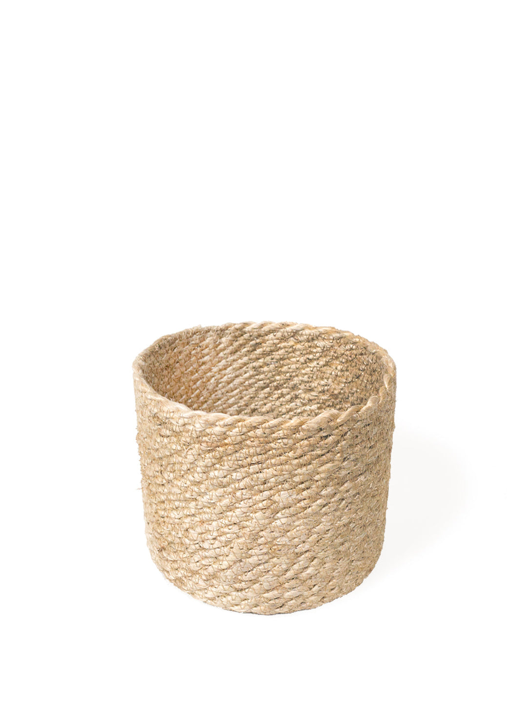 Small round jute basket with woven texture, ideal for household organization