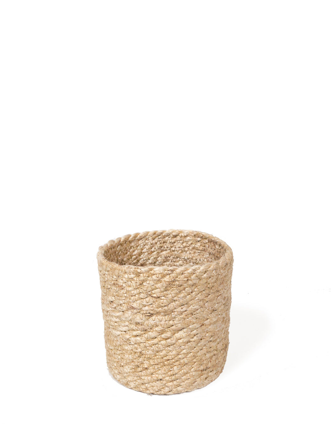 Round natural jute storage basket, small handwoven organizer with handles