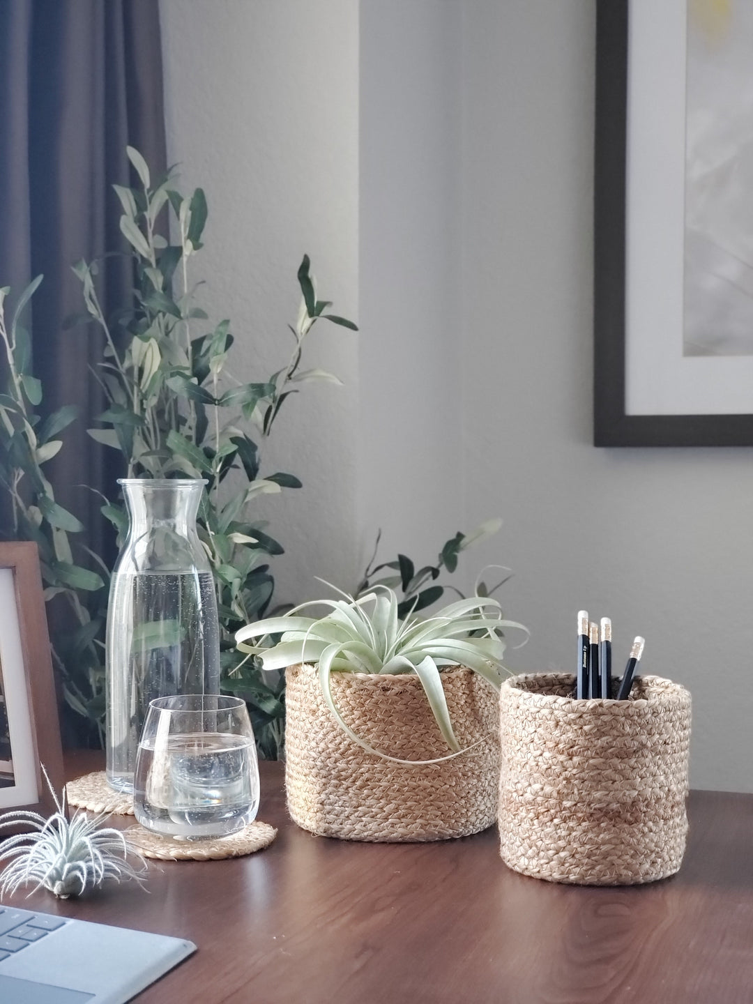 Natural jute round storage basket, hand-braided for bathroom or pantry organization